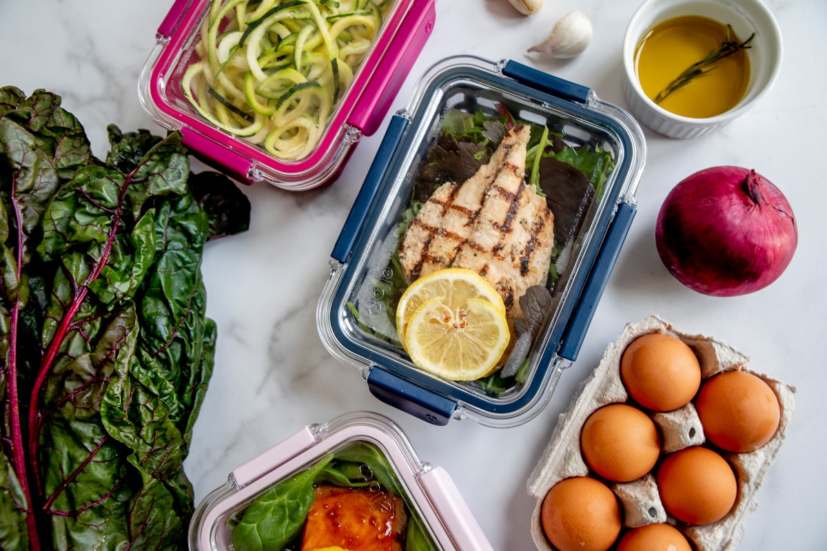 Healthy cooking ingredients and prepared meals